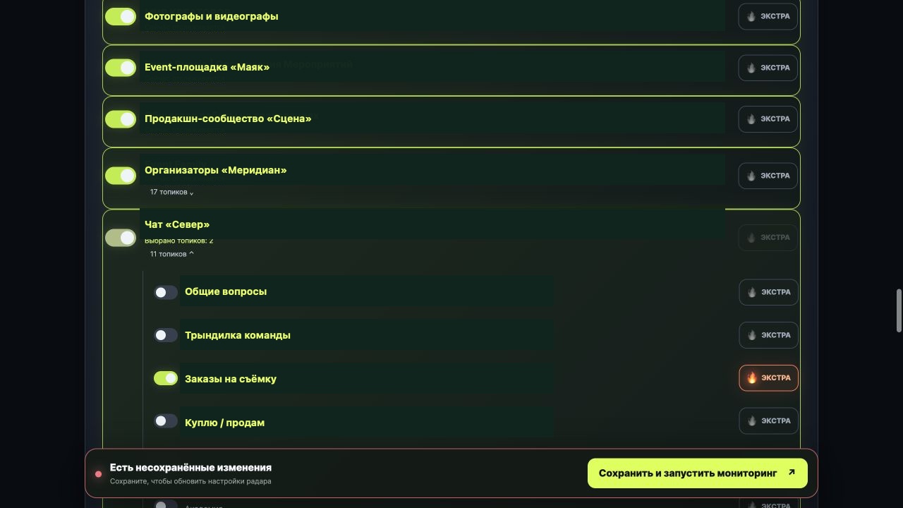 Список источников мониторинга с раскрытыми топиками